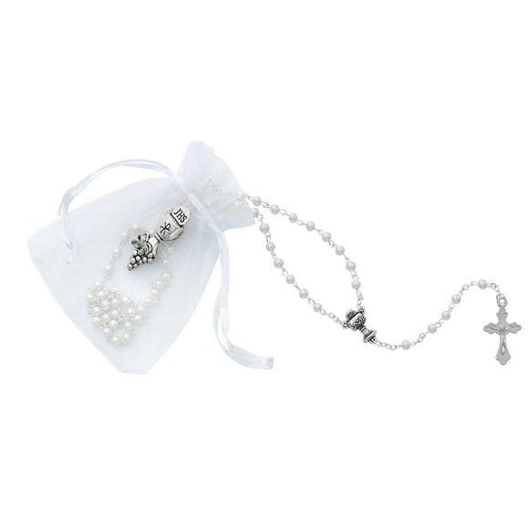 White Pearl Rosary, Pin & Pouch Set