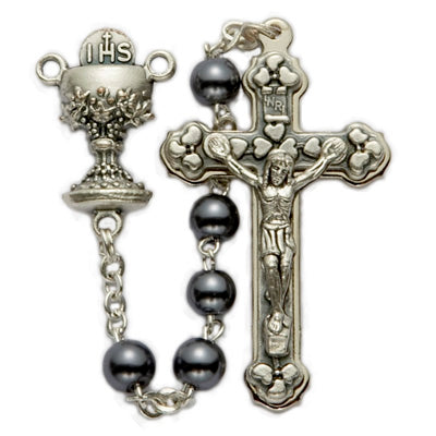 First Communion Faux Hematite Boys Rosary