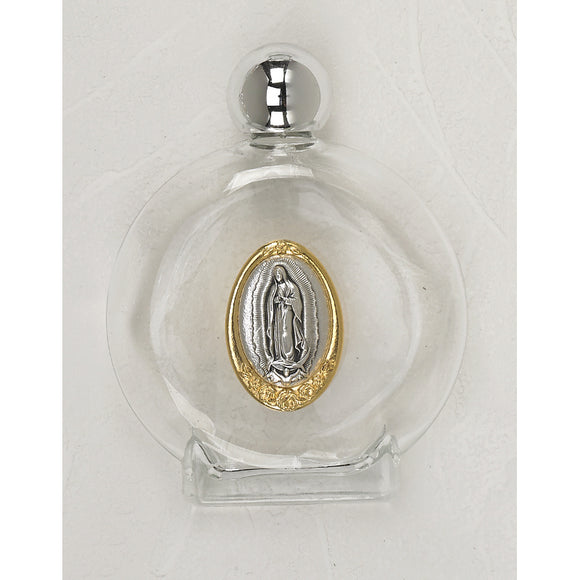Silver and Gold Our Lady of Guadalupe Glass Holy Water Bottle