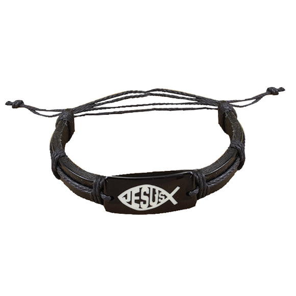 Ichthus with Jesus Inspirational Leather Bracelet