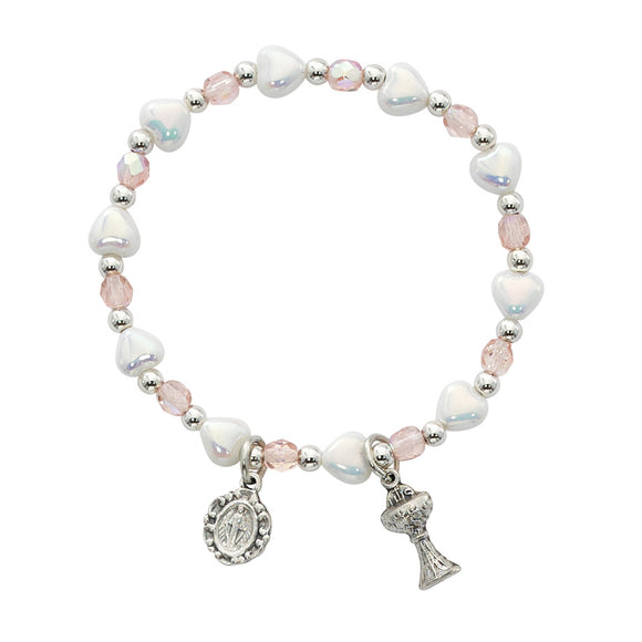 White Heart & Pink Stretch Communion Bracelet