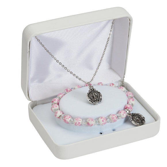 Miraculous Medal Necklace and Pink Floral Ceramic Bracelet Set
