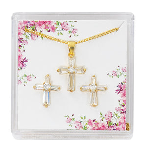 Gold Crystal Baguette Cross and Earring Set