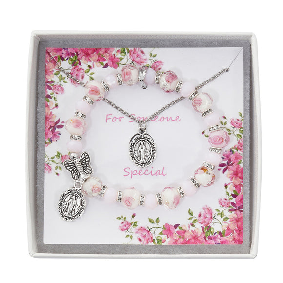 Miraculous Medal Necklace and Butterfly Bracelet Set