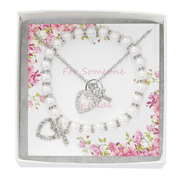 Crystal Heart & Cross Necklace and Bracelet Set