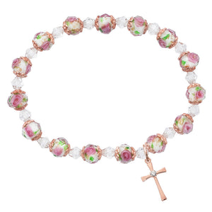 Rose Gold Cross Floral Stretch Bracelet