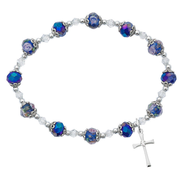 Blue Floral Crystal Cross Stretch Bracelet