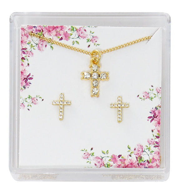 Gold Crystal Cross and Earring Set