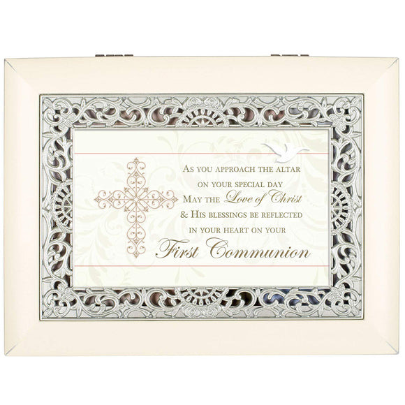 Large Ivory & Silver First Communion Music Box