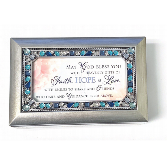 Silver & Blue Jeweled Faith, Hope & Love Music Box