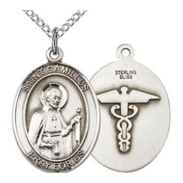 St. Camillus Sterling Silver Oval Medal with Stainless Chain