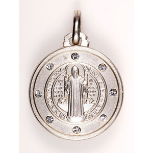 St. Benedict Large Sterling Silver Medal w/Crystals