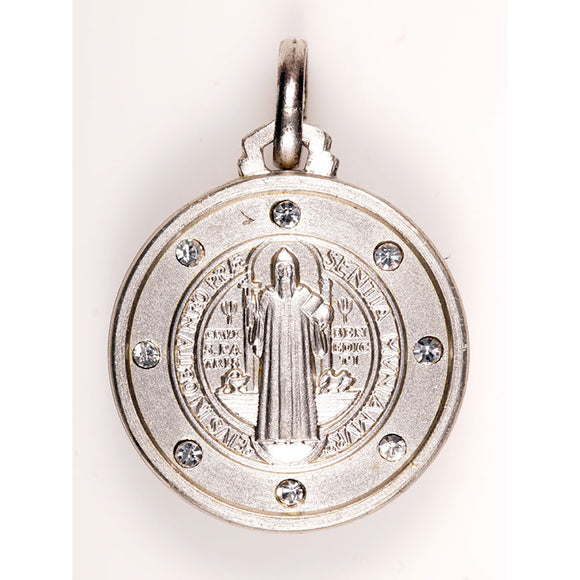 St. Benedict Large Sterling Silver Medal w/Crystals