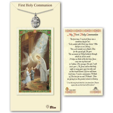 First Communion Pewter 5 Way Cross w/Chain and Prayer Card