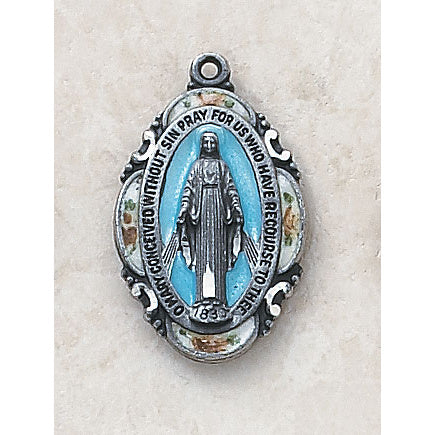 Sterling Silver Blue Enamel Miraculous Medal with Chain