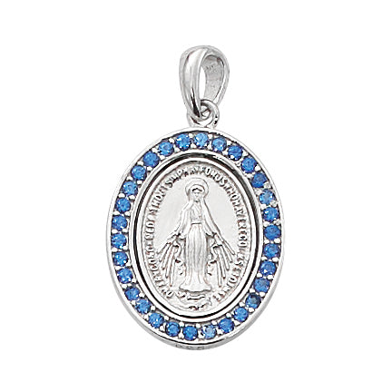 Sterling Silver Miraculous Medal with Blue Crystals