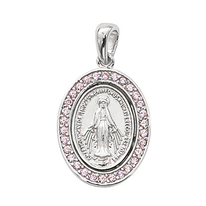 Sterling Silver Miraculous Medal with Pink Crystals