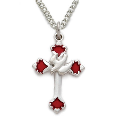 Red Enamel Budded Ends Dove and Cross Necklace