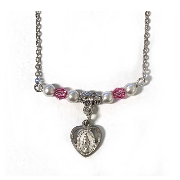 Pink Crystal & Pearl Miraculous Medal Necklace