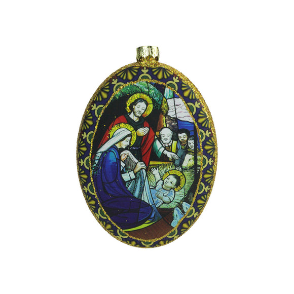Oval Stained Glass Nativity Ornament