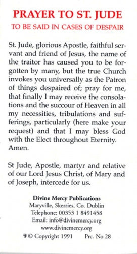 St. Jude Novena Relic Laminated Holy Card Blessed By Pope Francis