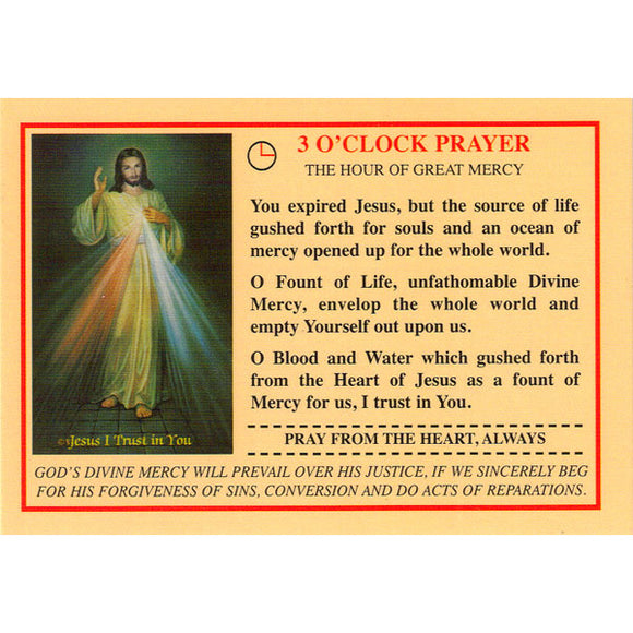 Chaplet of Divine Mercy and 3 O'Clock Prayer Prayercard