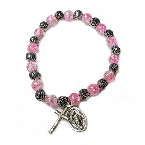 Pink Glass & Rose Bead Child's Stretch Bracelet