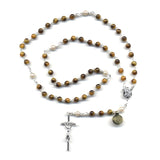 Tiger Eye with Synthetic Pearl Our Father Beads Rosary - Silver Plated