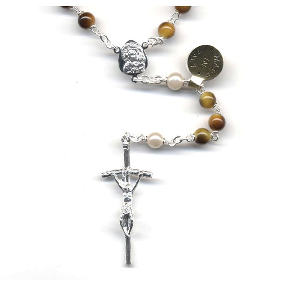 Tiger Eye with Synthetic Pearl Our Father Beads Rosary - Silver Plated