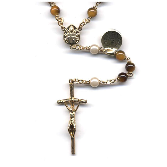 Tiger Eye with Synthetic Pearl Our Father Beads Rosary - Gold Plated