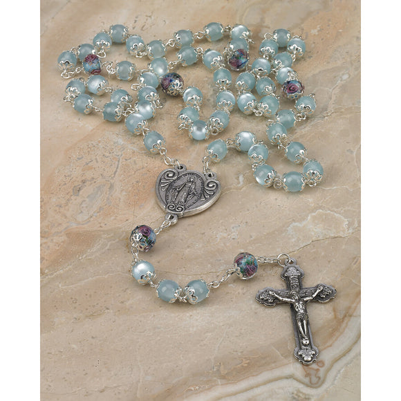Light Blue Glass Rosary with Genuine Crystal