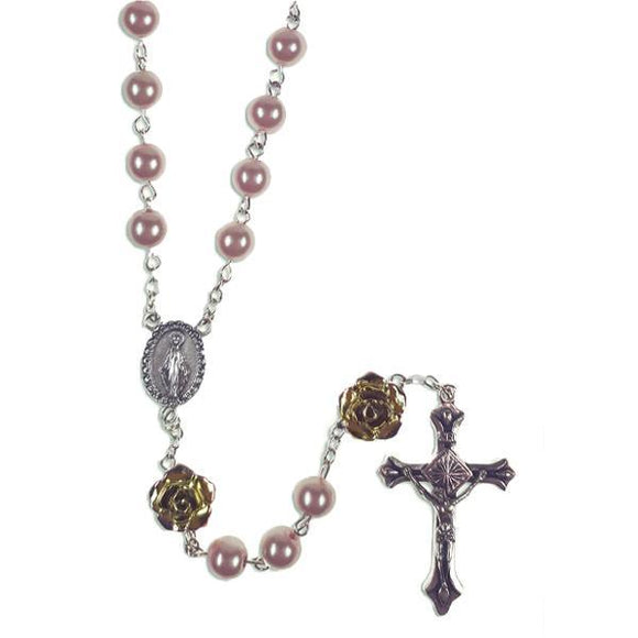 Pink Imitation Pearl Bead and Rose Rosary