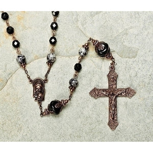 Bronze Renaissance Rosary with Black and Gray Beads & Keepsake Box