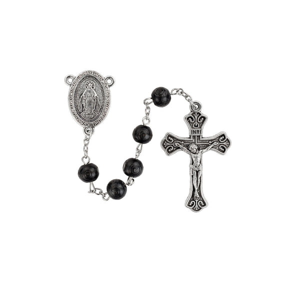 Black Carved Wood Miraculous Medal Rosary