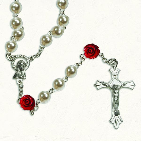Imitation Pearl & Rose Bead Rosary