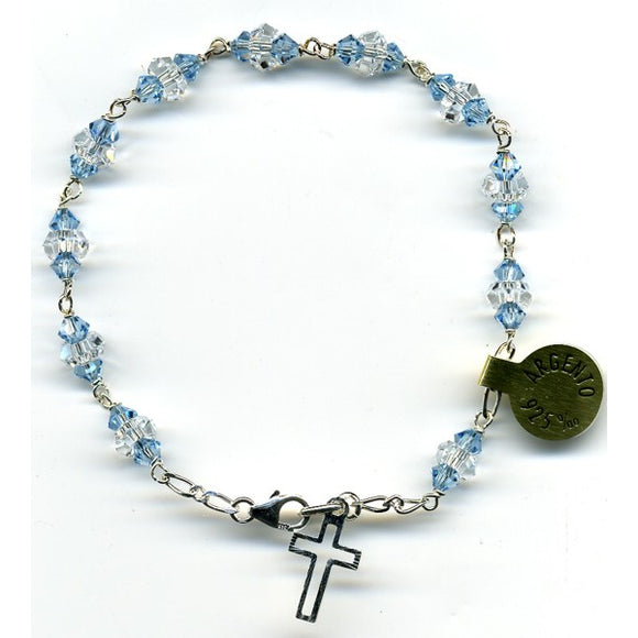 Swarovski Crystal Light Blue & Clear Bead Rosary Bracelet in Sterling Silver