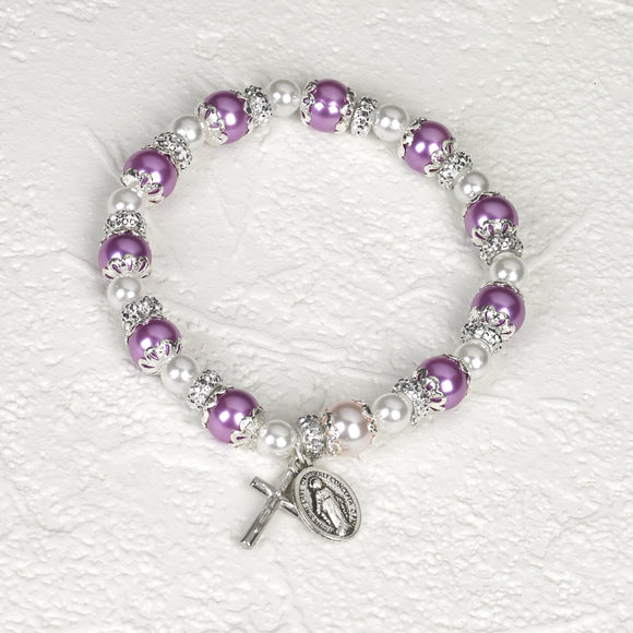 Capped Light Purple & Pearl Stretch Bracelet
