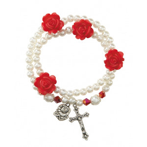 Imitation Pearl with Rose Bead Wrap Rosary Bracelet