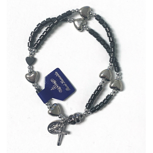 Hematite & Heart Rosary Bracelet