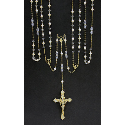 Gold Lasso Rosary with Clear and Pearl Beads