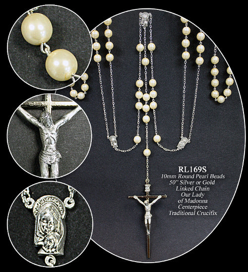 Silver Lasso Rosary with Pearl Beads