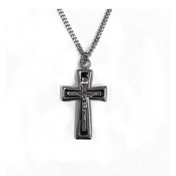 Silver Filled Black Crucifix on Stainless Steel Chain