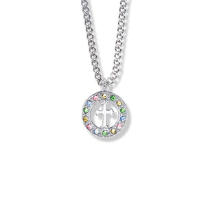 Sterling Silver Cross in Circle of Colored Cubic Zirconia Stones